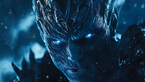 Icy blue-eyed humanoid creature in intense close-up portrait.