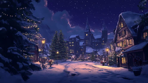 Starlit Christmas village glows beneath deep winter velvet sky.