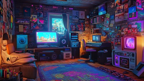 Neon-lit retro gamer studio with eclectic poster wall interior.