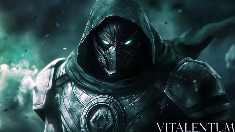 Hooded cyber knight with glowing eyes in teal stormlight.