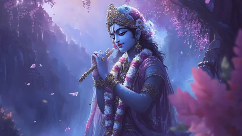 Gentle blue divine figure playing flute in dreamy forest.