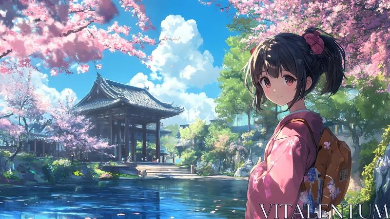 Anime spring portrait beside traditional lakeside temple garden.