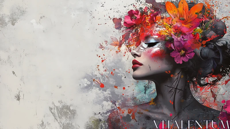 Floral wildfire crowns a grayscale muse in mid-bloom