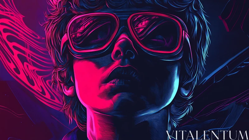 Neon-lit portrait shows retro youth in oversized goggles