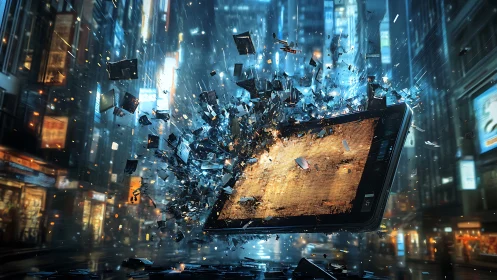 Exploding digital tablet shatters data in neon city street.