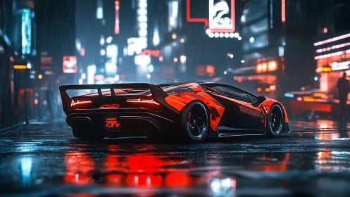 Low-angle render shows neon-lit supercar on wet cyberpunk avenue