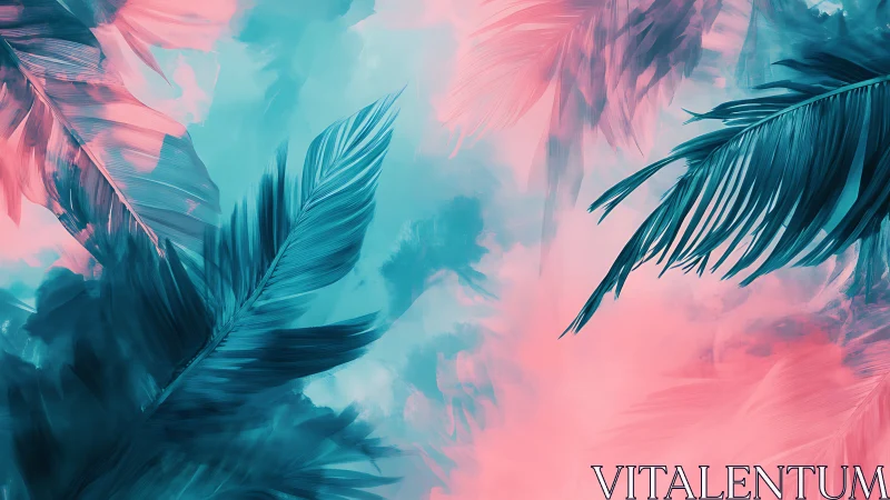 Bicolor palm frond abstraction with cyan-magenta atmospheric field.