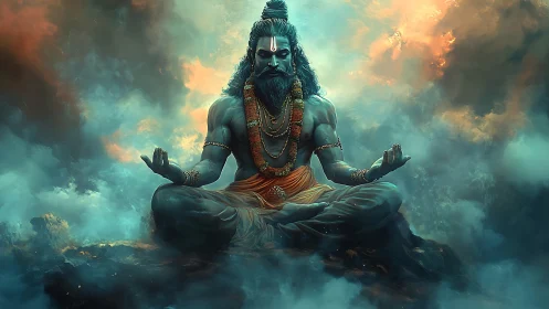 Mythic ascetic in storm-turbulent cloudscape, meditative equilibrium.