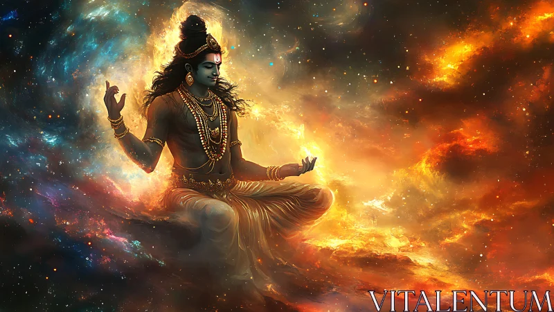 Cosmic meditating deity rendered in luminous nebular digital art