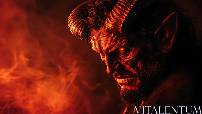 Infernal horned demon portrait in molten red side lighting.