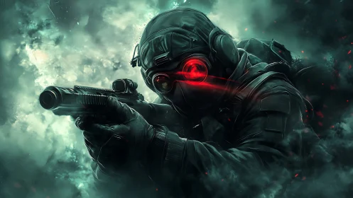 Laser-eyed night striker hunts through stormlit emerald smoke