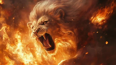 Roaring lion materializes from swirling infernal firestorm