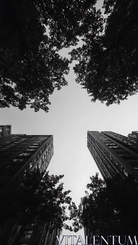 Tall residential towers and dense tree canopies frame open sky
