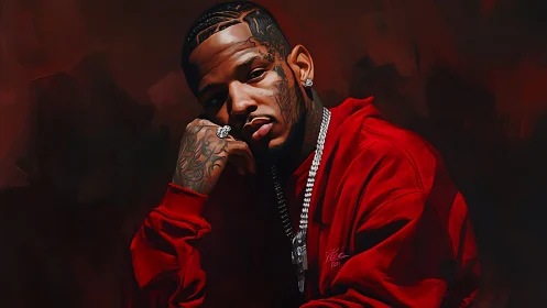 Digital portrait of tattooed man in red hoodie, moody lighting.