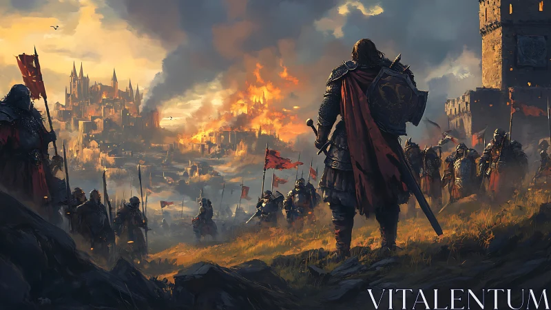 Medieval armored commander surveys burning besieged cityscape