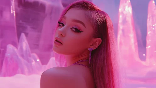 Neon pink portrait in crystalline fantasy environment glows