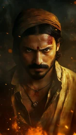 Fierce warrior portrait framed by burning embers and smoke.