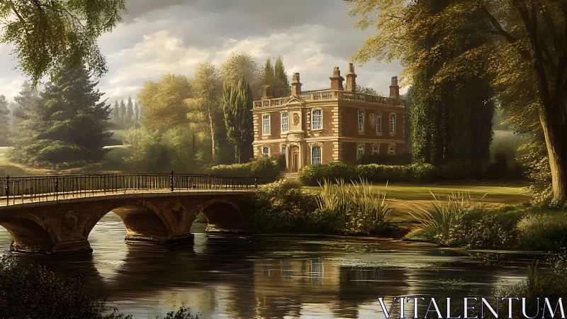 Neoclassical manor and arched stone bridge in luminous riverside landscape