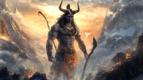 Horned warlord strides through blazing mountain pass.