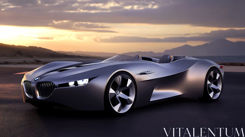 Silver BMW roadster concept parked on coastal highway.