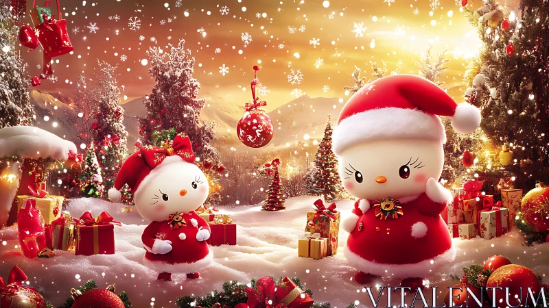 Cartoon characters stand in a snow-covered Christmas landscape