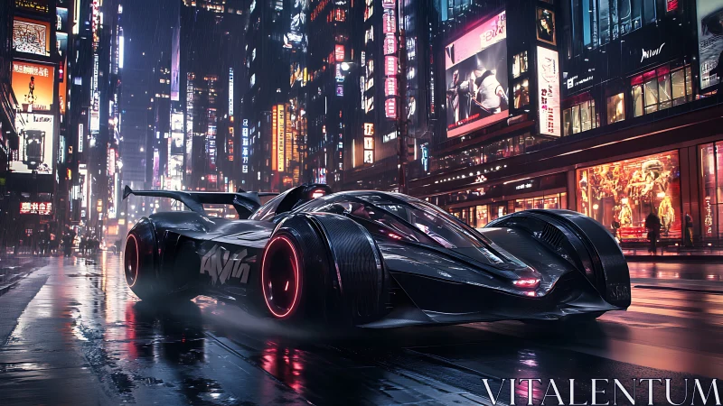 Futuristic hypercar slices through neon soaked cyberpunk avenue.