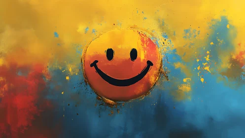 Smiley face radiates over bold yellow, red, blue field