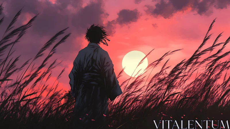 Silhouetted figure stands in tall grass before vivid sunset