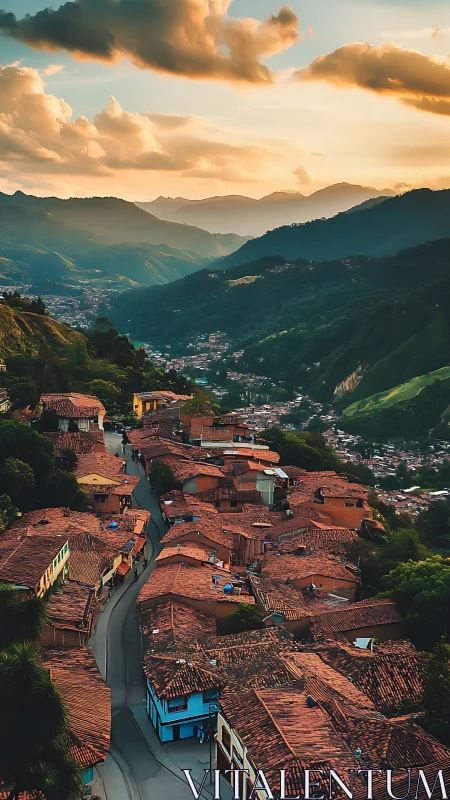Photorealistic mountain town vista with terracotta roof rhythm.