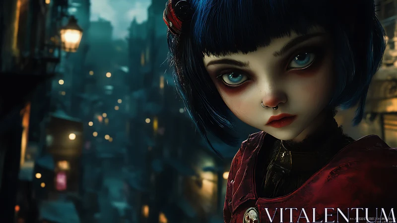 Gothic street portrait of blue‑haired girl with oversized eyes