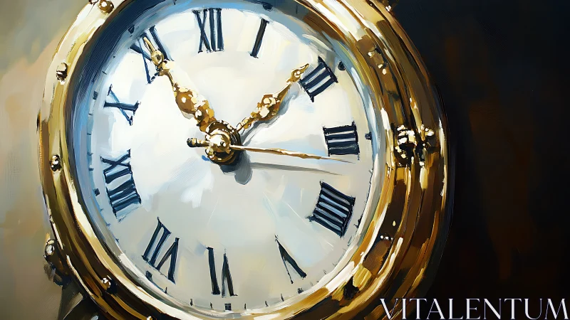 Gold framed clock with Roman numerals in close view.