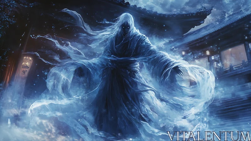 Spectral robed spirit emerging in icy blue courtyard.