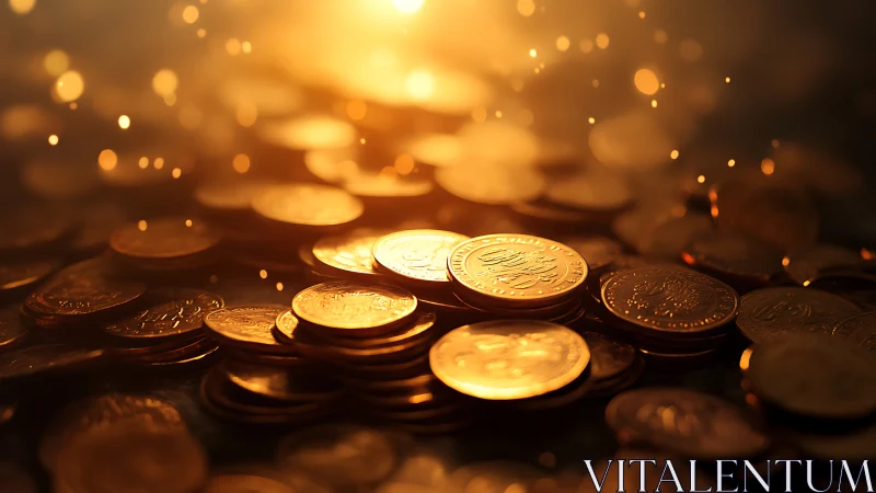 Luminous gold coins in cinematic macro bokeh lighting.