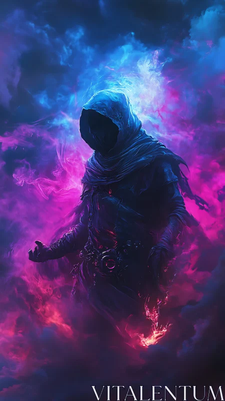 Hooded void mage emerges from neon volumetric nebula clouds