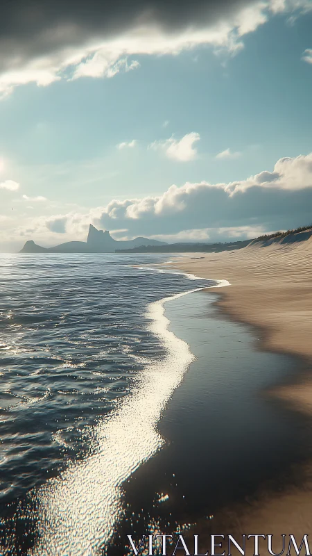 Gentle surf tracing a quiet shoreline beneath soft clouds.