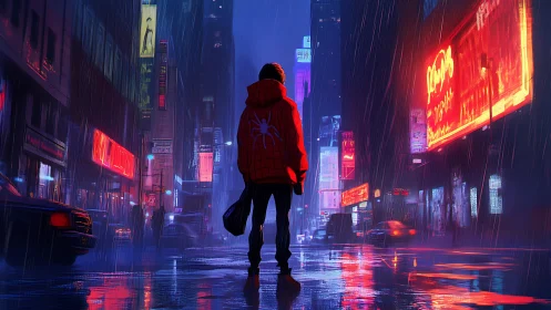 Figure in red jacket on rainy neon city street at night.