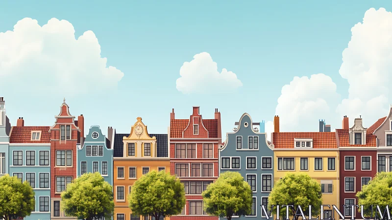 Row of stylized Dutch canal houses under clear sky.