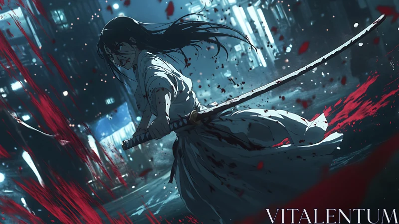 Lone samurai strikes under neon rain in a bloodlit street.