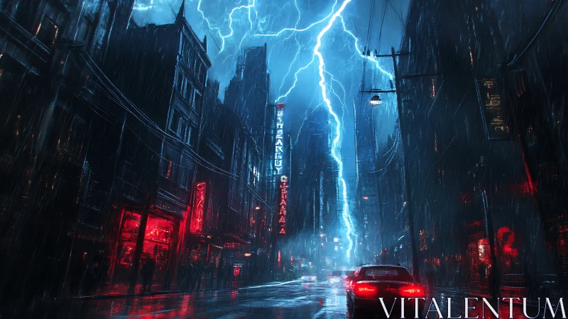 Lightning over rain soaked neon city street at night.