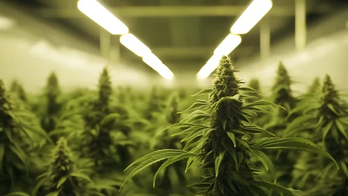 Indoor cannabis plants under bright grow lights in rows.