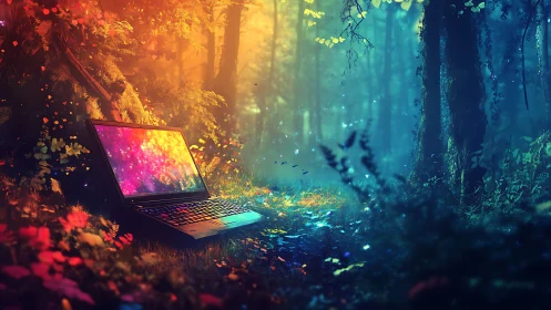 Open laptop rests on forest floor amid contrasting light zones