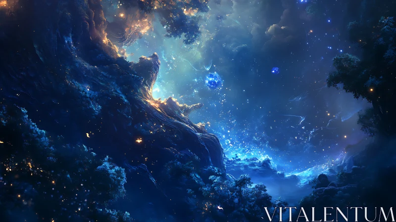 Cosmic landscape with glowing blue nebula and forest rim.