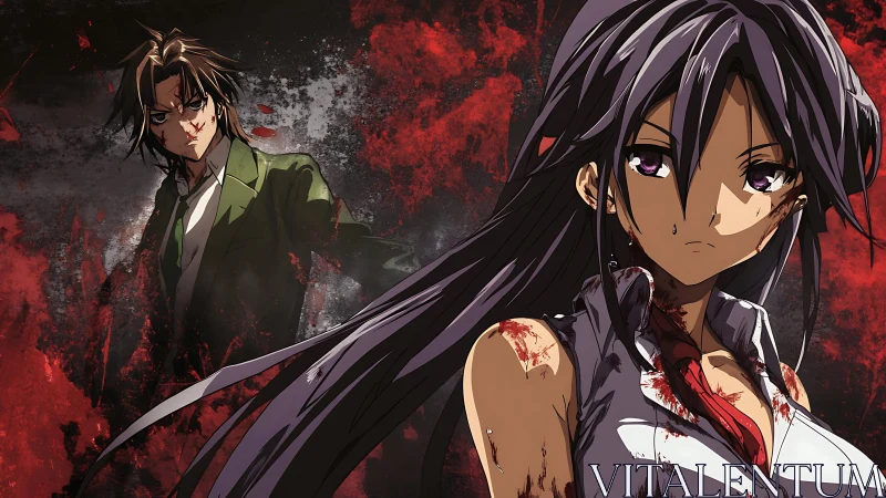 Bloody anime survivors against abstract red chaos backdrop.