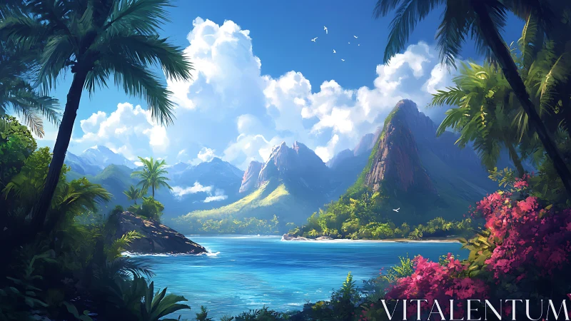 Tropical Paradise Lagoon Framed by Volcanic Peaks