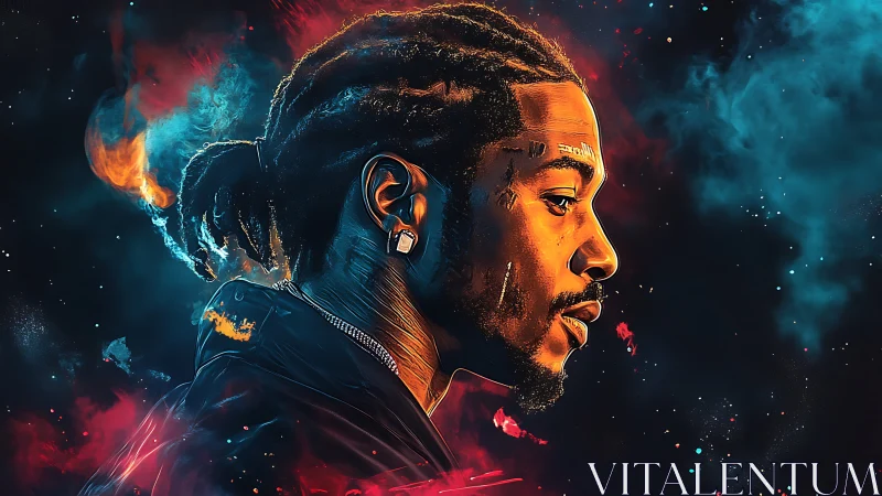 Digital portrait of man in neon cosmic smoke profile view.