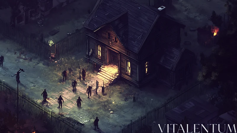 Isometric zombie siege on decrepit wooden safehouse at dusk.