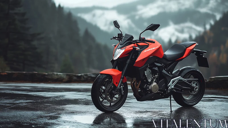 Red sport motorcycle parked on wet mountain roadside.