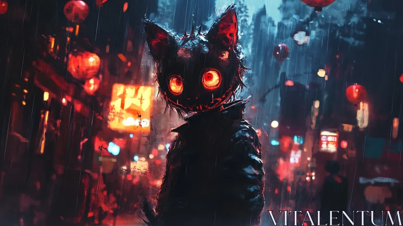 Neon soaked alley frames stitched cat figure with glowing eyes