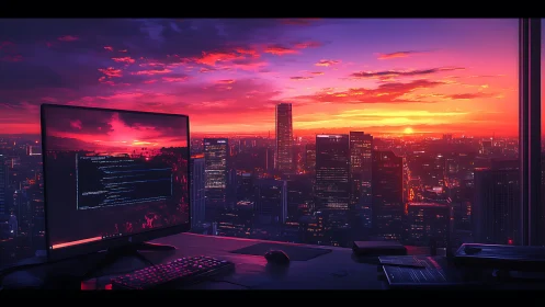 Sunset coder’s window over a glowing neon cityscape.