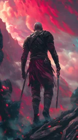 Armored figure stands with dual blades in volcanic canyon